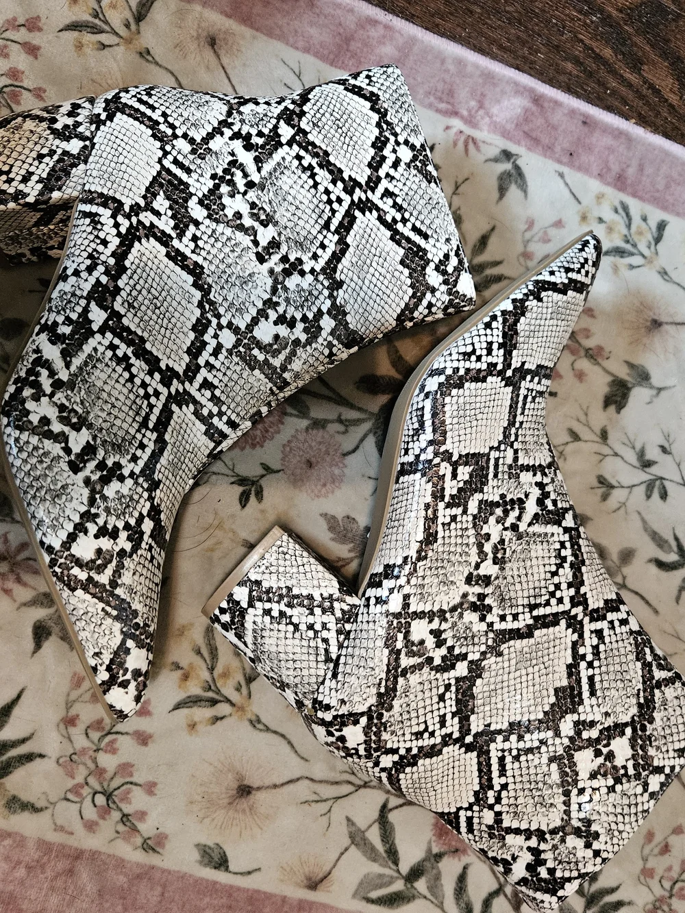 Sugar Black & White Snake-Print Pointed Ankle Boots